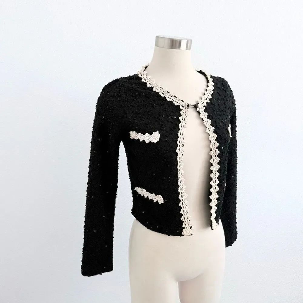 Story Black White Sequin Cardigan Duster Extra Small Classic Bow Anthro